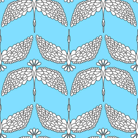 Seamless pattern. Geese, swans, and migratory birds. Painted birds on a blue sky background. Vector illustration for fabric and other surfacesのイラスト素材