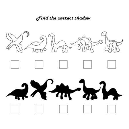 Find the right shadow is an educational game for children. Set with silhouettes of cute cartoon dinosaurs. Prehistoric Animals. Vector illustration.のイラスト素材