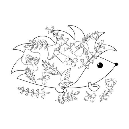 Doodle coloring book for kids. Cute hedgehog with mushrooms and plants. Vector illustration.のイラスト素材