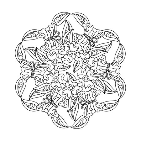 Coloring book for adults and older children. Mandala, a decorative element. Butterflies, flowers and leaves. Hand-drawn vector illustration on a white background.のイラスト素材