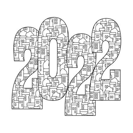 2022 patterned with city houses. Concept for construction business, housing rental. Coloring book for adults.のイラスト素材