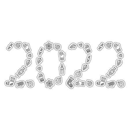 2022. Coloring book for adults and older children. Handwritten number for new year card. Vector illustration for coloring page.のイラスト素材