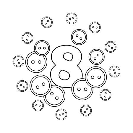 Coloring book for children. Eight. Numbers. Buttons, needlework. Learning and playing Vector illustrationのイラスト素材
