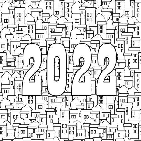 Coloring book for adults. 2022 New year. Numbers patterned with city houses. Vectorのイラスト素材