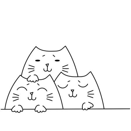 Three Cute cats. Kawaii Pets. Hand drawn minimalist style. For greeting card, poster, pet supplies store. Vector illustration. Black and white.のイラスト素材