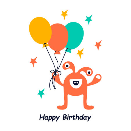 Happy birthday. Childrens greeting card or party invitation template. Cute cartoon monster with balloons. Vector illustration.のイラスト素材