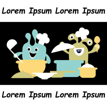 Cooking border. Cutlery, Kitchen utensils, cute monsters. Orange and green Vector illustrationのイラスト素材