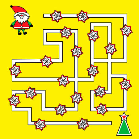 Labyrinth for children. Puzzle game for children. Help decorate the Christmas tree. Cartoon style. Vector illustration.のイラスト素材