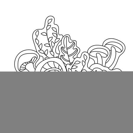 Forest mushrooms, Acorns, rowan berries and oak leaves in doodle style. Autumn Coloring book pages. Black and white background. Hand drawn vector illustration.のイラスト素材