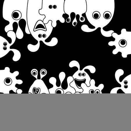 Cartoon Funny alien monsters. Black and white . Copy space for text. Vector illustration for childrenのイラスト素材