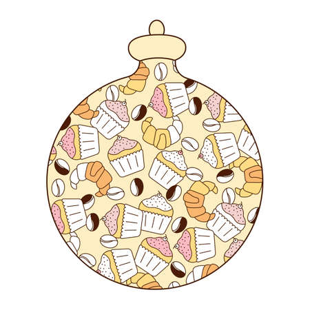 Christmas design for bakery, cafe, restaurant, shops. Festive vector illustration with a Christmas balloon decorated with croissants, cupcakes, coffee beans. Poster, greeting card for sweet tooth.のイラスト素材