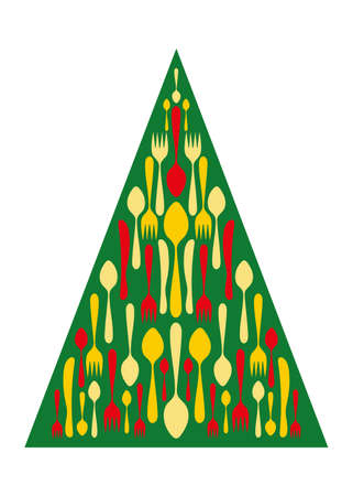 Christmas tree with silhouettes tableware, cutlery utensils. Vector illustration Merry Christmas and Happy New Year.のイラスト素材