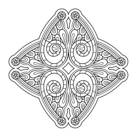 Coloring book. Decorative element in the shape of a rhombus. Four-ray mandala, hand drawn vector design element coloring page.のイラスト素材