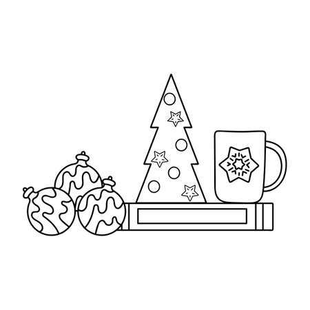 Christmas Coloring book pages for children. Christmas tree, cup and decoration balls. Hand drawn black and white vector illustrationのイラスト素材