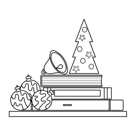 Coloring pages for adults and older children. Bookshelves with Christmas tree, bell and decoration balls. Hand drawn black and white vector illustration.のイラスト素材