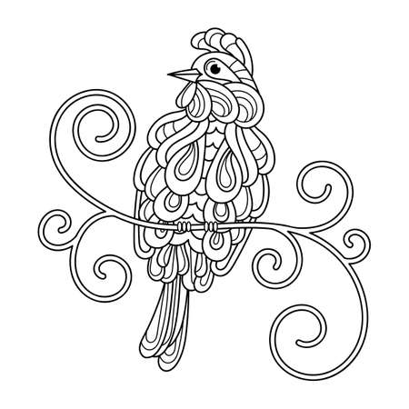 Coloring book page, Fantasy exotic bird on a branch. Hand drawn vector illustrationのイラスト素材