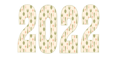 2022 New Year. .Numbers with a pattern of cutlery, spoons and forks. The concept of a restaurant,...