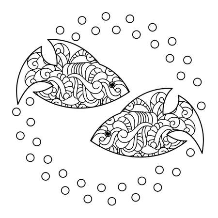 Vector Fish coloring page. Underwater coloring book. Round creative illustration in liner drawing.のイラスト素材