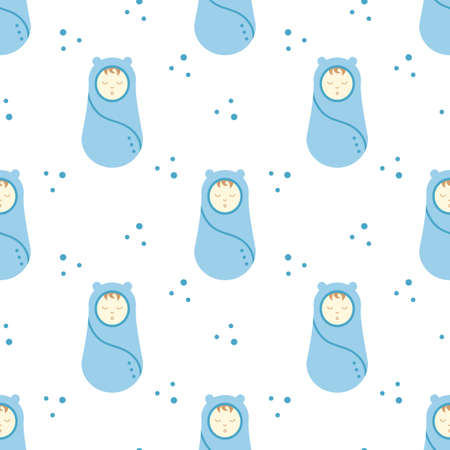 Seamless Pattern Baby Boy. Newborn baby, Blue on white. Vector illustration for wallpaper, background or backdrop, textile.のイラスト素材