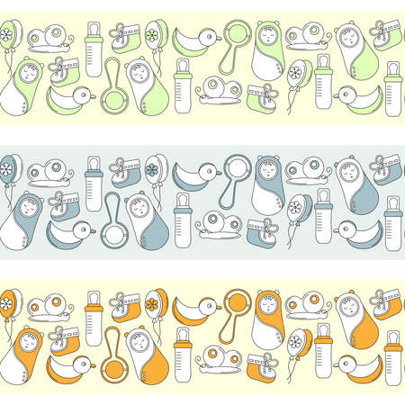 Seamless borders. Baby and newborn. Newborn, Toys, feeding bottle. The concept of child care. Vector horizontal illustrationのイラスト素材
