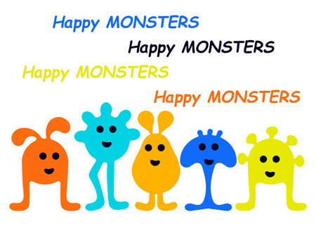 Happy Cute cartoon monsters. Childrens greeting card or party invitation template. horizontal border...