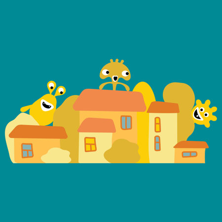 Funny monsters in the town, Cartoon Vector illustration on blue