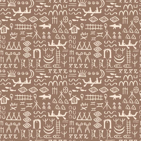 Ethnic seamless background. Stylized cave art of ancient peoples. Hand drawn Pattern for fabric and otherのイラスト素材