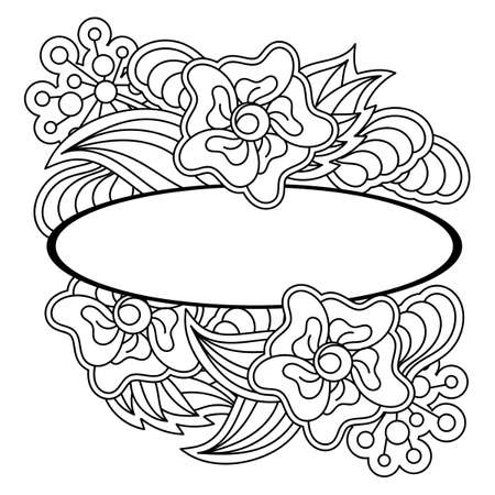 Decorative frame, floral designs. Hand drawn oval frame for text, greeting card templateのイラスト素材