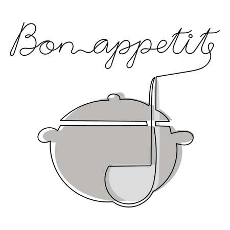 Continuous linear drawing inscription Bon appetit, pot and ladle . Hand drawn single line vector illustration on white background. The topic of foodのイラスト素材