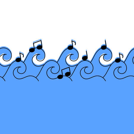 Sea of music, seamless border hand drawn vector illustration. Musical notes and waves. Copy space for textのイラスト素材