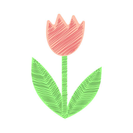 Embroidery stitches flower tulip. Stylization hand drawn plant. Children's hand drawing. Greeting card for Mother's Day, Women's Day, Birthday.のイラスト素材