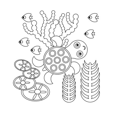 Coloring book page Cute turtle, cartoon water animal and underwater plants, vector illustration.のイラスト素材