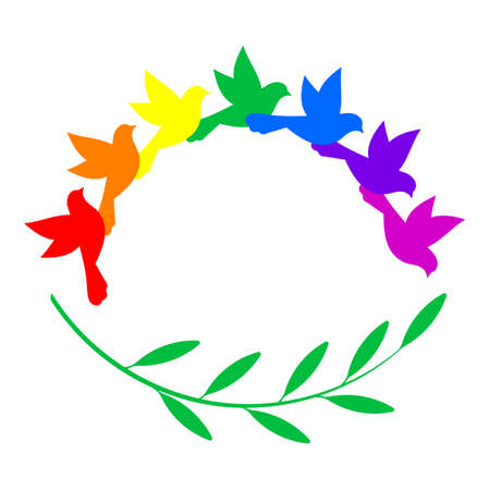Rainbow birds and a green twig. Copy space for text. Vector illustration.のイラスト素材