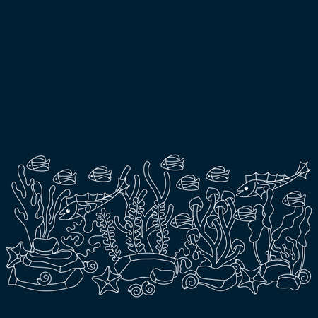 Underwater horizontal border. Ocean flora and fauna . Hand drawn white and blue vector illustration. Line art. Copy space for text.のイラスト素材