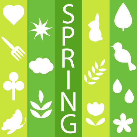 Spring. Lettering and flat drawings of plants and animals on a striped background. Neo geo style. Minimalistic geometric poster made of simple shapes. Vector compositionのイラスト素材