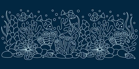 Underwater Marine vector border . Doodle of the sea world . Monochrome. Aquariums. Hand drawn vector illustrationのイラスト素材