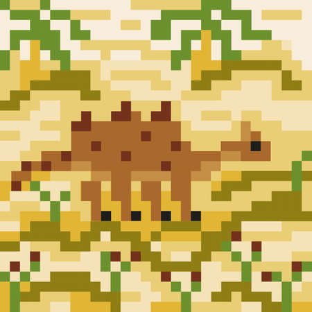 Pixel landscape with cute Dino, palm trees and plants. Vector illustration. Mosaic panel, embroidery, stained glassのイラスト素材