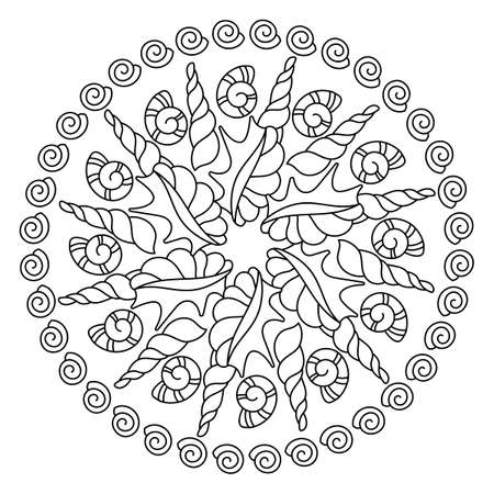Anti stress coloring page . Sea mandala sea mandala with shells. Monochrome Vector illustration.のイラスト素材