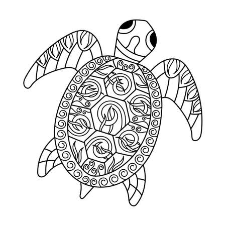 Sea Turtle coloring page for adult. Underwater animals coloring book. Hand drawn vector illustration.のイラスト素材