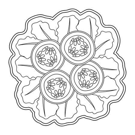 Lettuce leaves, cucumbers on a serving platter. Vector illustration.のイラスト素材