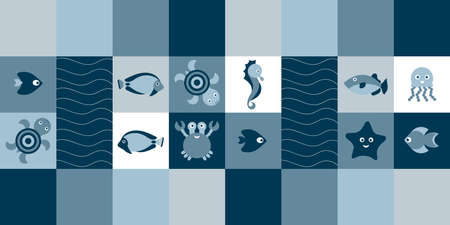 Underwater Geometric mosaic seamless border. Under water world, sea, ocean . Aquariums. Marine vector motifのイラスト素材
