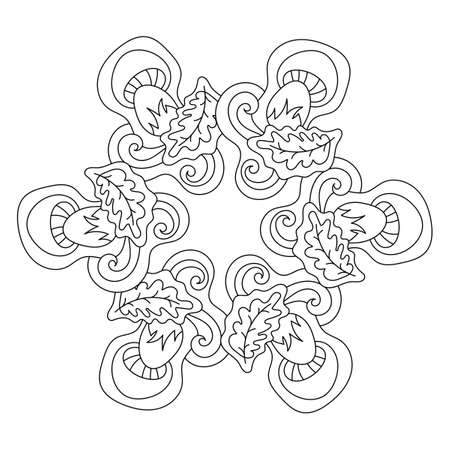 Autumn mandala coloring pages. Leaves and mushrooms. Vector illustrationのイラスト素材