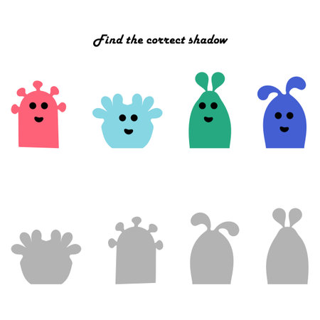 Find the right shadow is an educational game for kids. Cute monsters. Vector illustration.のイラスト素材