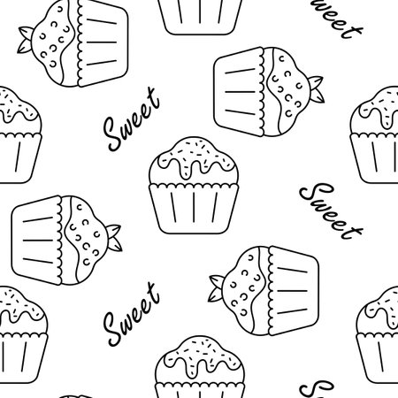 Seamless pattern with cupcakes and words Sweet. Black and white. Vector Background for fabric, packaging and other surfaces.のイラスト素材