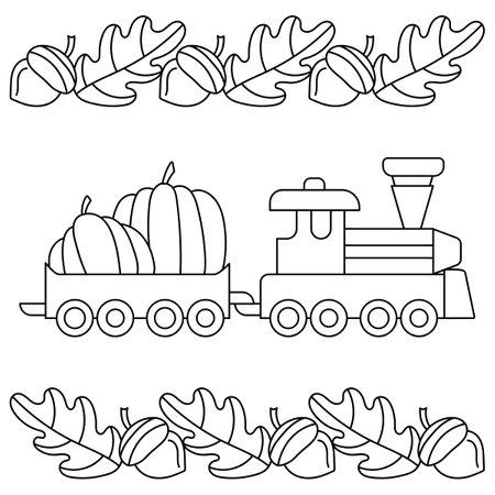 The train is carrying wagons with pumpkins. Autumn theme. Coloring page for kids. Vector illustrationのイラスト素材
