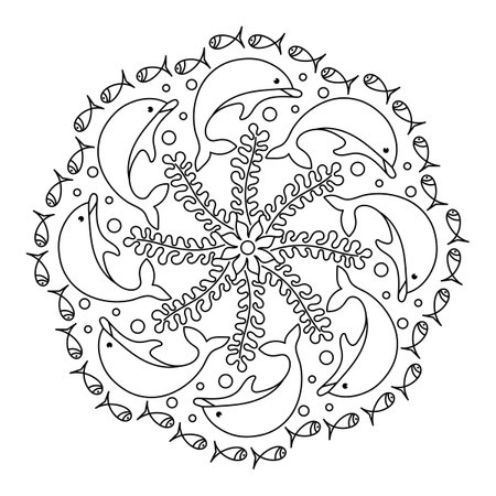 Sea mandala Coloring page. Anti stress coloring book for adult and children . Monochrome Vector illustration.のイラスト素材