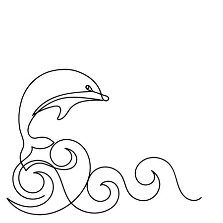 Dolphin Continuous line drawing. Sea animal and waves. Hand-drawn vector illustration. Copy space for text.のイラスト素材