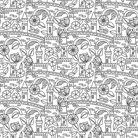 Doodle cartoon magic kingdom. Coloring pages for adult. Flower Castles, medieval fortresses. seamless background. hand-drawn vector illustrationのイラスト素材