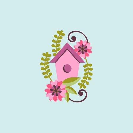 Cute birdhouse and flowers. spring or summer. Simple Hand drawn Vector illustration for printing on clothes, bags, postcards.のイラスト素材