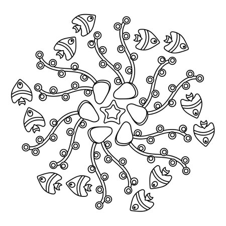 Sea mandala coloring page. Underwater coloring book for children. Monochrome vector illustration.のイラスト素材